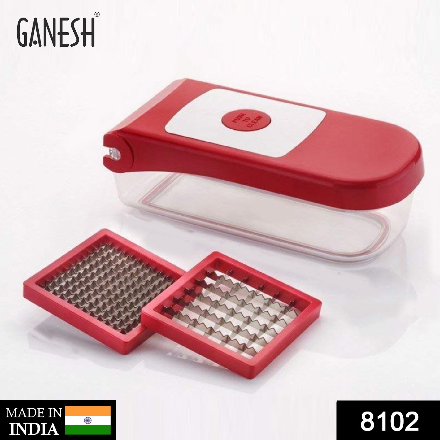 Red plastic chopper by Ganesh, used for vegetables and fruits, different views. Red plastic chopper by Ganesh, used for vegetables and fruits, different views.